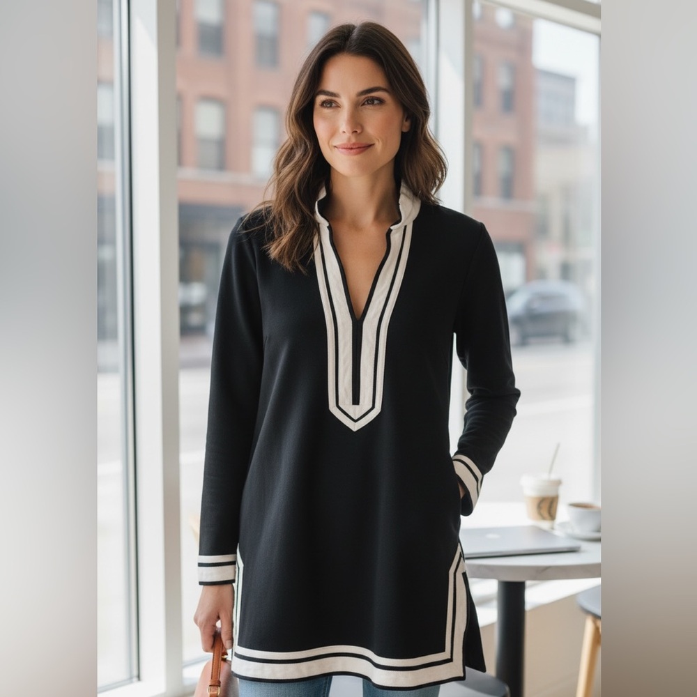 Tory Burch’s Iconic Black Top Tunic with White Trim